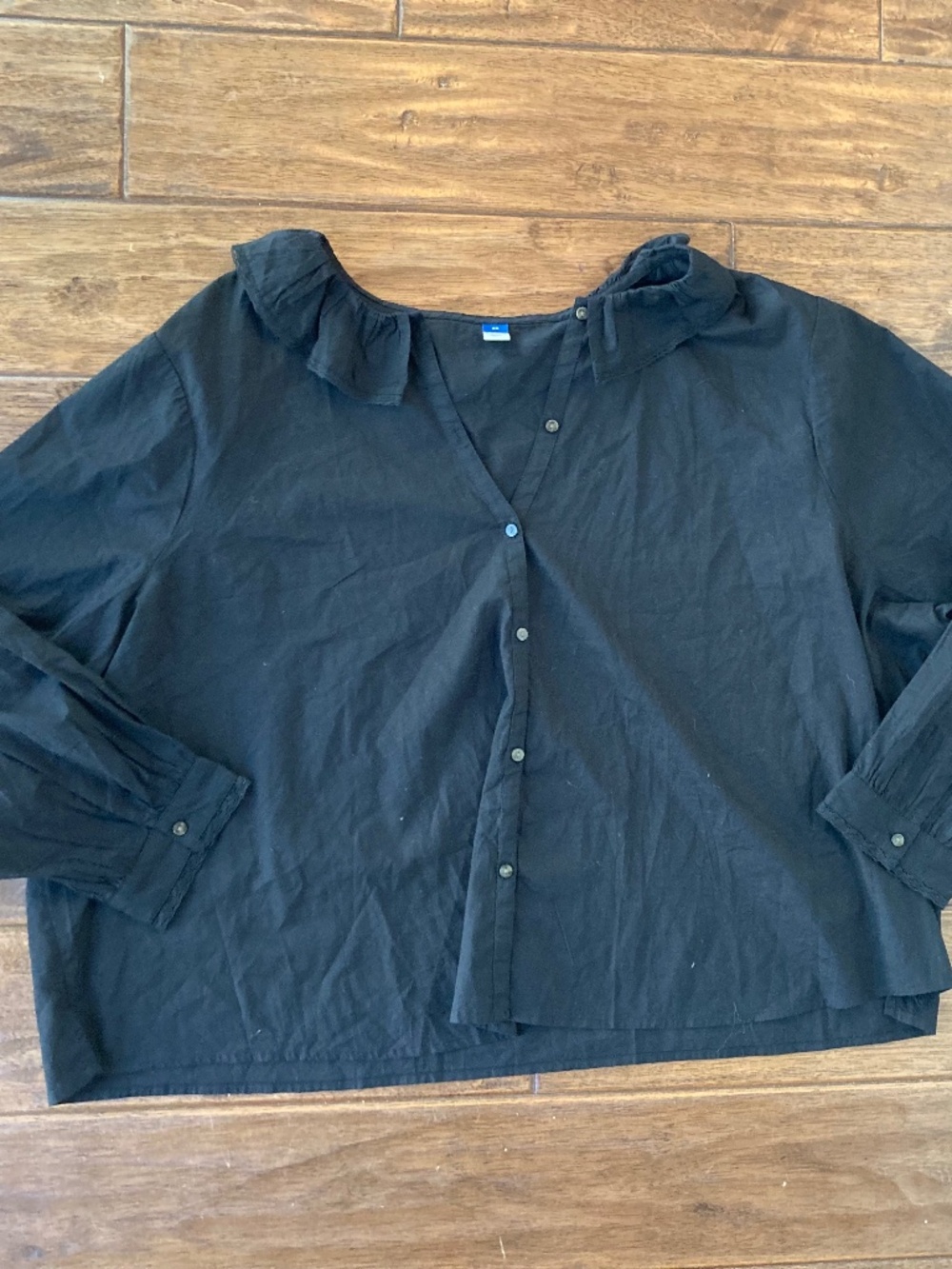 Old Navy Women’s 3XL Ruffle Button-Down Shirt Black Poplin Cotton Long Sleeve